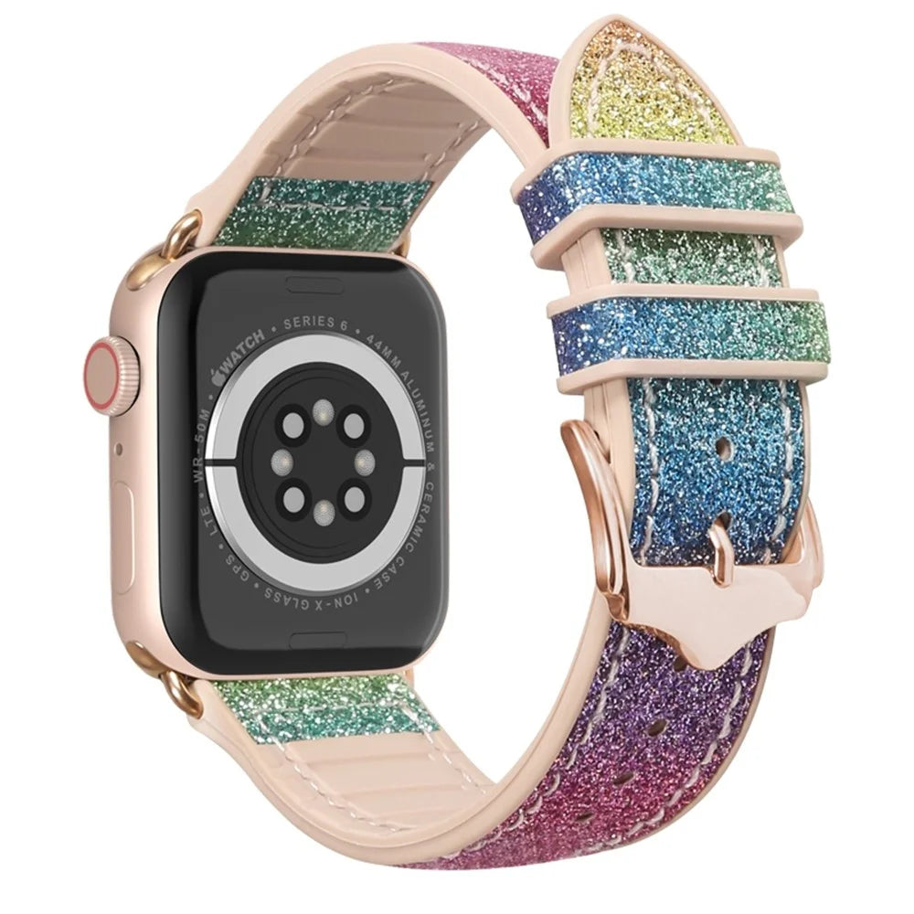 For Apple Watch Series 11 10 42mm / 9 8 7 41mm / SE3 SE2 SE 6 5 4 40mm / 3 2 1 38mm Shiny Glitter Watch Band PU Leather Coated Silicone Strap Replacement - Rainbow - 2