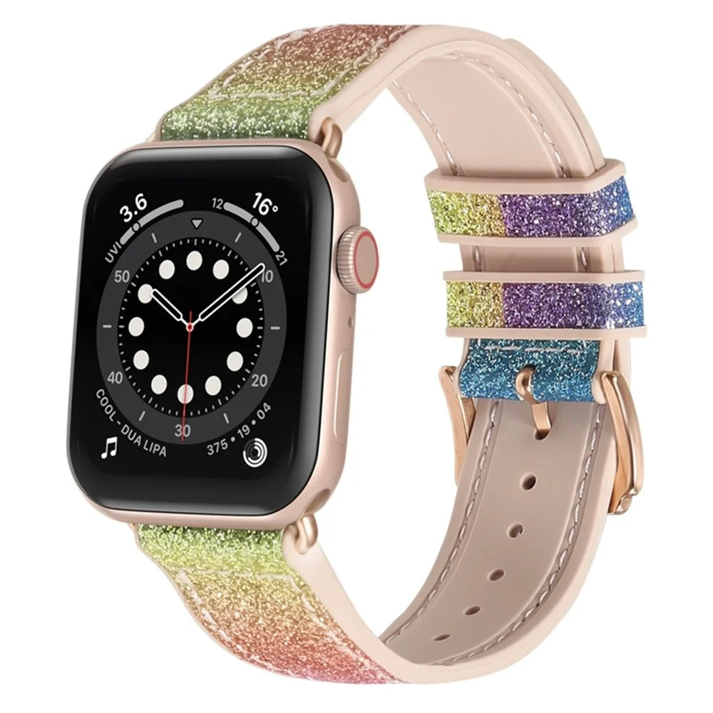 For Apple Watch Series 11 10 42mm / 9 8 7 41mm / SE3 SE2 SE 6 5 4 40mm / 3 2 1 38mm Shiny Glitter Watch Band PU Leather Coated Silicone Strap Replacement - Rainbow - 3