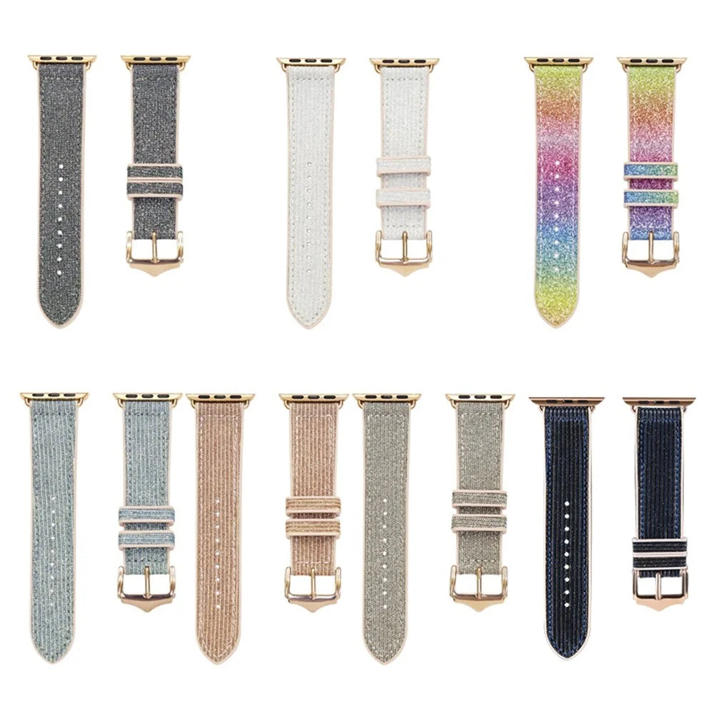 For Apple Watch Series 11 10 42mm / 9 8 7 41mm / SE3 SE2 SE 6 5 4 40mm / 3 2 1 38mm Shiny Glitter Watch Band PU Leather Coated Silicone Strap Replacement - Rainbow - 4
