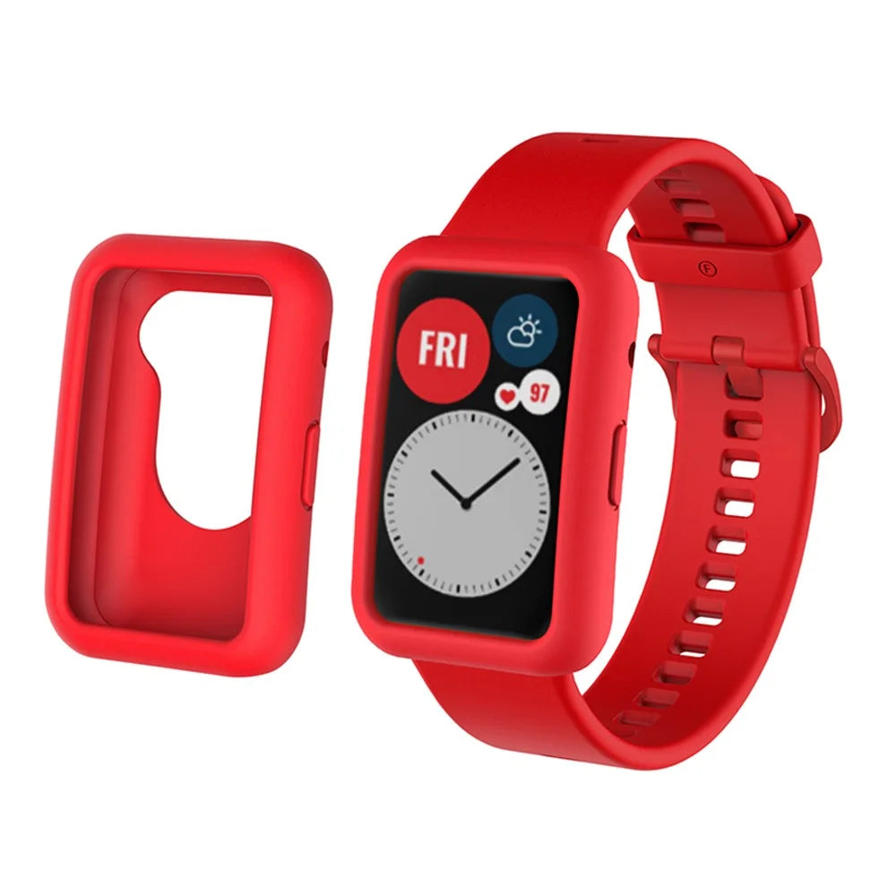 Silicone Watch Band for Huawei Watch Fit, Replacement Adjustable Wrist Strap + Anti-scratch Watch Case - Red - 1