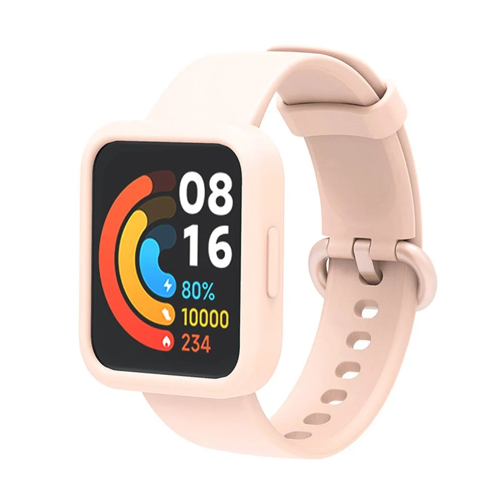 For Xiaomi Redmi Watch 2/Redmi Watch 2 Lite Solid Color Silicone Watch Band Strap + Drop-proof Watch Case - Light Pink/Pink/Pink - 1