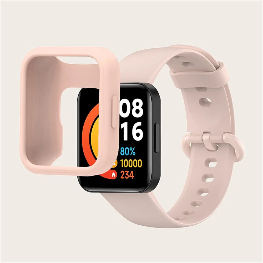 For Xiaomi Redmi Watch 2/Redmi Watch 2 Lite Solid Color Silicone Watch Band Strap + Drop-proof Watch Case - Light Pink/Pink/Pink - 4
