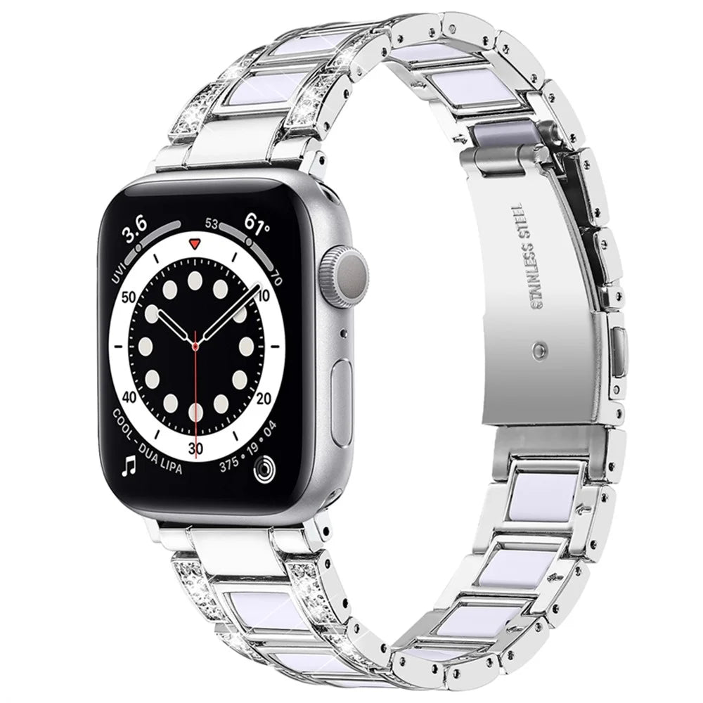 For Apple Watch Series 11 10 42mm / 9 8 7 41mm / SE3 SE2 SE 6 5 4 40mm / 3 2 1 38mm Anti-Scratch Stainless Steel Resin Watch Band Rhinestone Decor Stylish Wrist Strap - Silver / White - 1