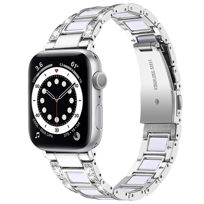 For Apple Watch Series 11 10 42mm / 9 8 7 41mm / SE3 SE2 SE 6 5 4 40mm / 3 2 1 38mm Anti-Scratch Stainless Steel Resin Watch Band Rhinestone Decor Stylish Wrist Strap - Silver / White - 1
