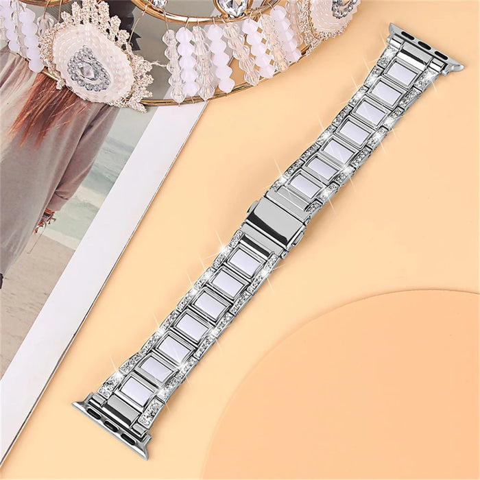 For Apple Watch Series 11 10 42mm / 9 8 7 41mm / SE3 SE2 SE 6 5 4 40mm / 3 2 1 38mm Anti-Scratch Stainless Steel Resin Watch Band Rhinestone Decor Stylish Wrist Strap - Silver / White - 3