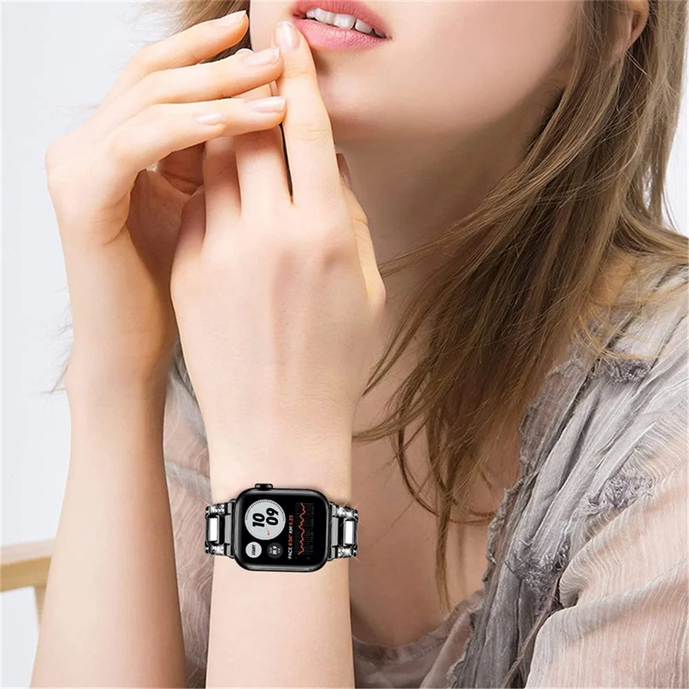 For Apple Watch Series 11 10 42mm / 9 8 7 41mm / SE3 SE2 SE 6 5 4 40mm / 3 2 1 38mm Stainless Steel Resin Watch Band Rhinestone Decor Wrist Strap - Black / White - 4