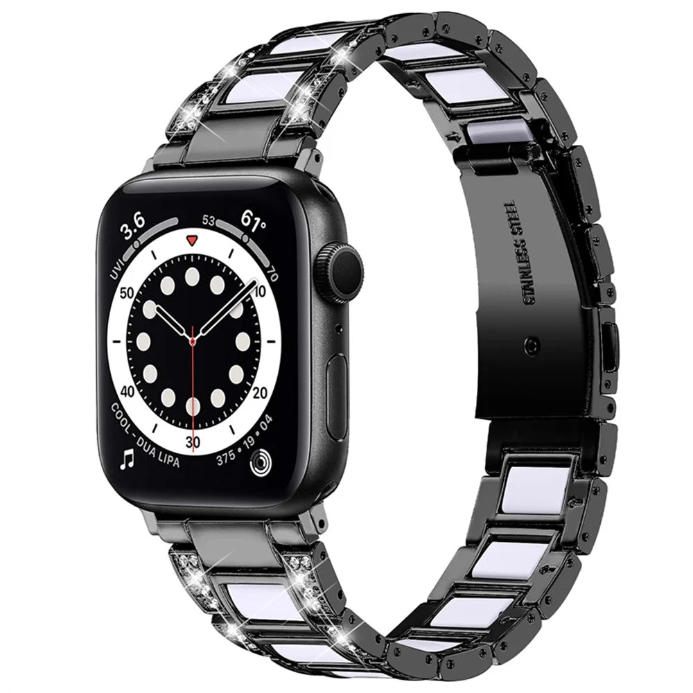 For Apple Watch Series 10 46mm / Ultra 2 Ultra 49mm / 9 8 7 45mm / SE (2023) SE (2022) SE 6 5 4 44mm / 3 2 1 42mm  Resin Stainless Steel Rhinestone Decor Smart Watch Band - Black / White - 1