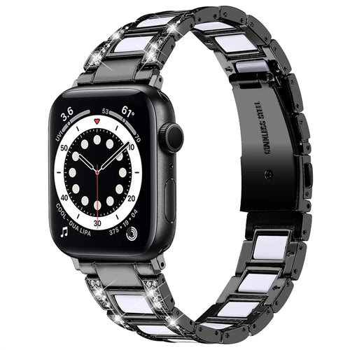 For Apple Watch Series 10 46mm / Ultra 2 Ultra 49mm / 9 8 7 45mm / SE (2023) SE (2022) SE 6 5 4 44mm / 3 2 1 42mm  Resin Stainless Steel Rhinestone Decor Smart Watch Band - Black / White - 1