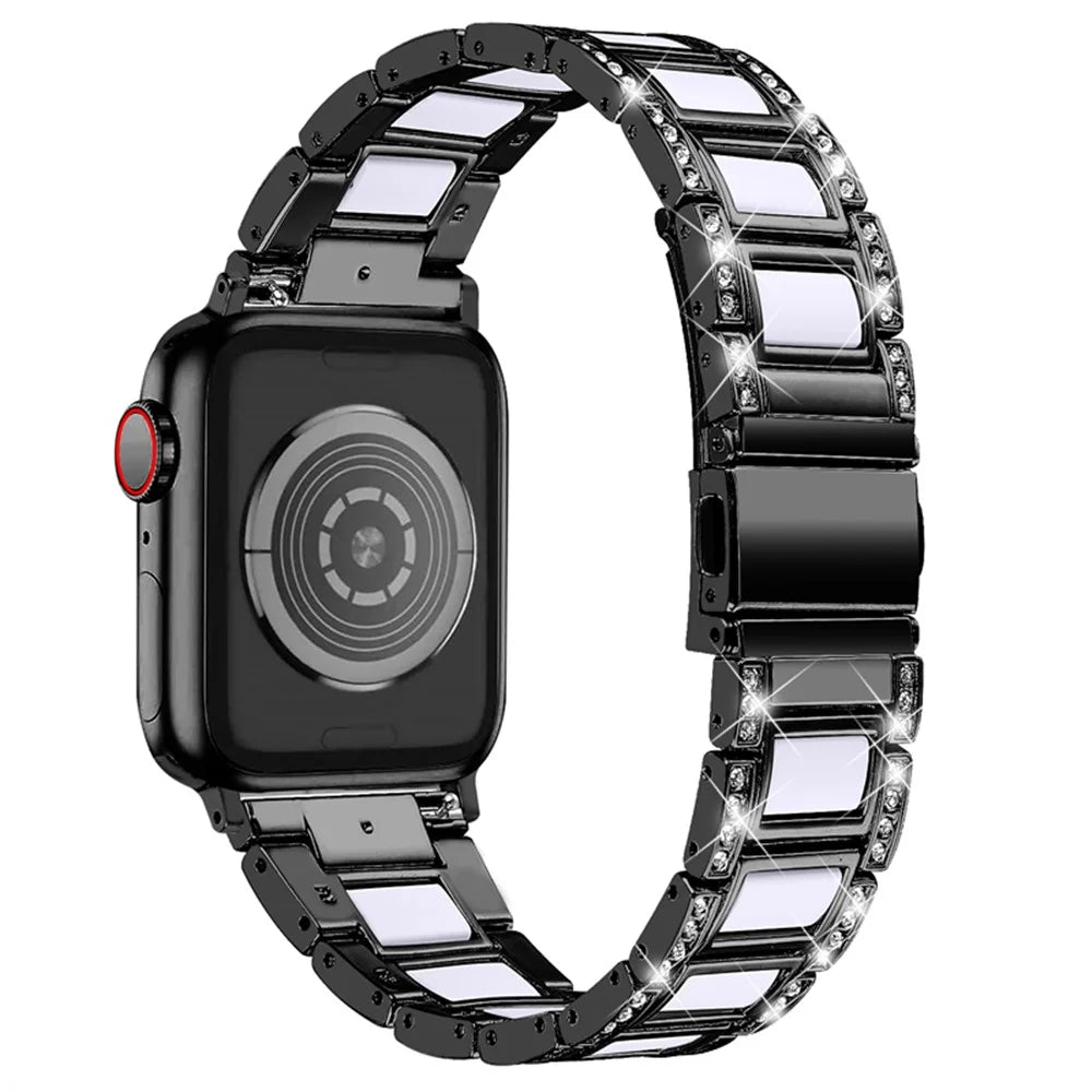 For Apple Watch Series 10 46mm / Ultra 2 Ultra 49mm / 9 8 7 45mm / SE (2023) SE (2022) SE 6 5 4 44mm / 3 2 1 42mm  Resin Stainless Steel Rhinestone Decor Smart Watch Band - Black / White - 2