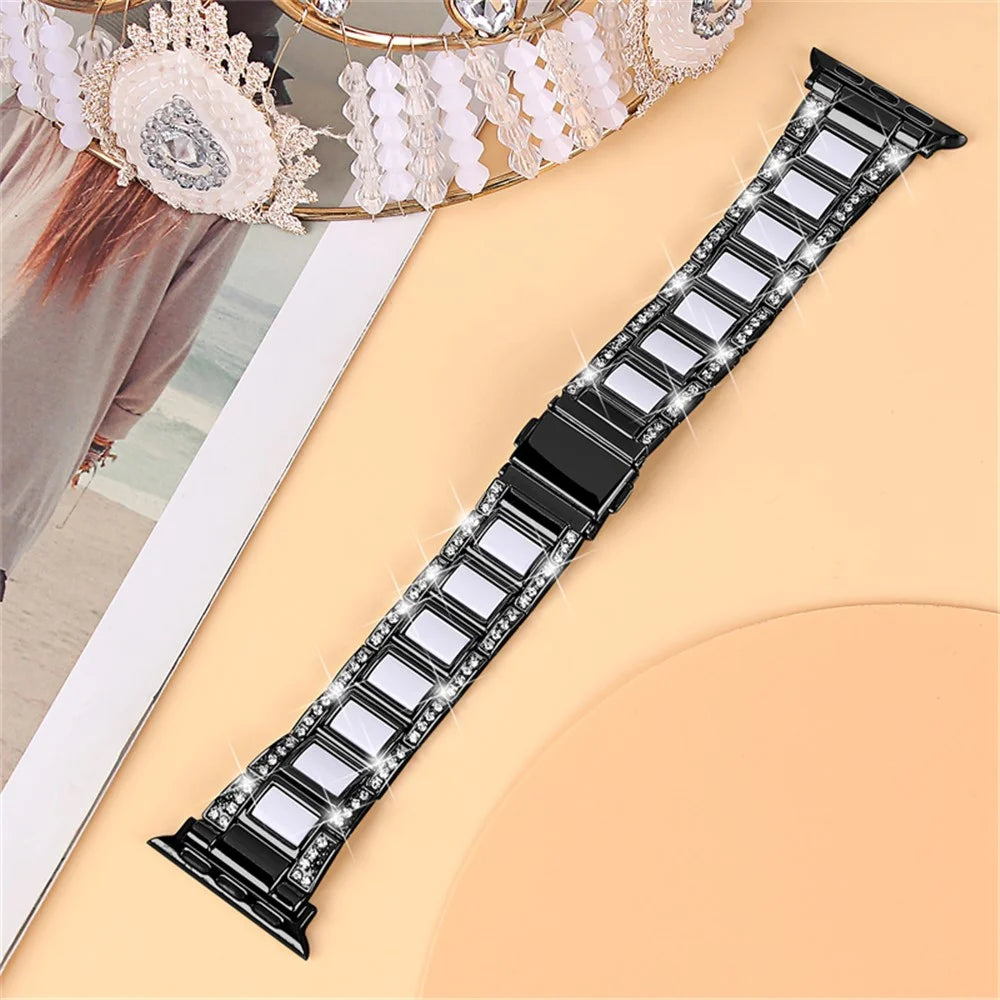 For Apple Watch Series 10 46mm / Ultra 2 Ultra 49mm / 9 8 7 45mm / SE (2023) SE (2022) SE 6 5 4 44mm / 3 2 1 42mm  Resin Stainless Steel Rhinestone Decor Smart Watch Band - Black / White - 3