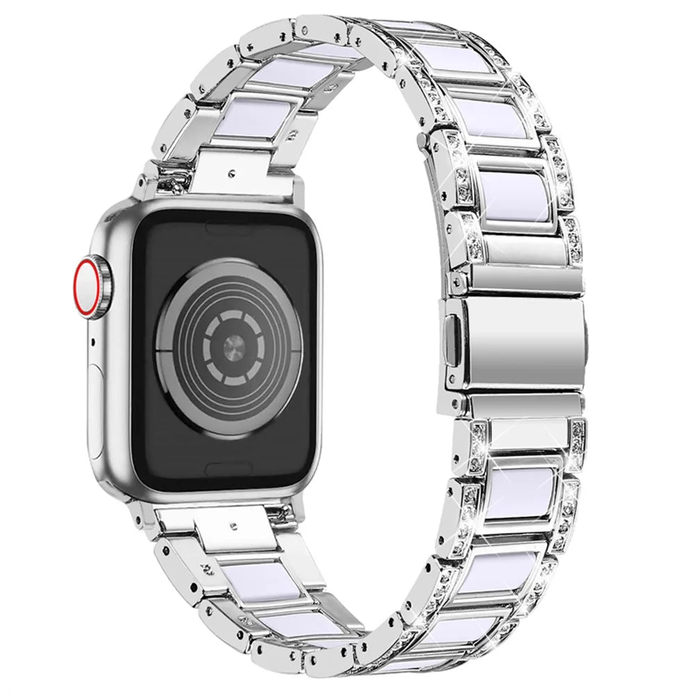 For Apple Watch Ultra 3 2 1 49mm / Series 11 10 46mm / 9 8 7 45mm / SE3 SE2 SE 6 5 4 44mm / 3 2 1 42mm  Stainless Steel Resin Watch Band Rhinestone Decor Strap - Silver / White - 2
