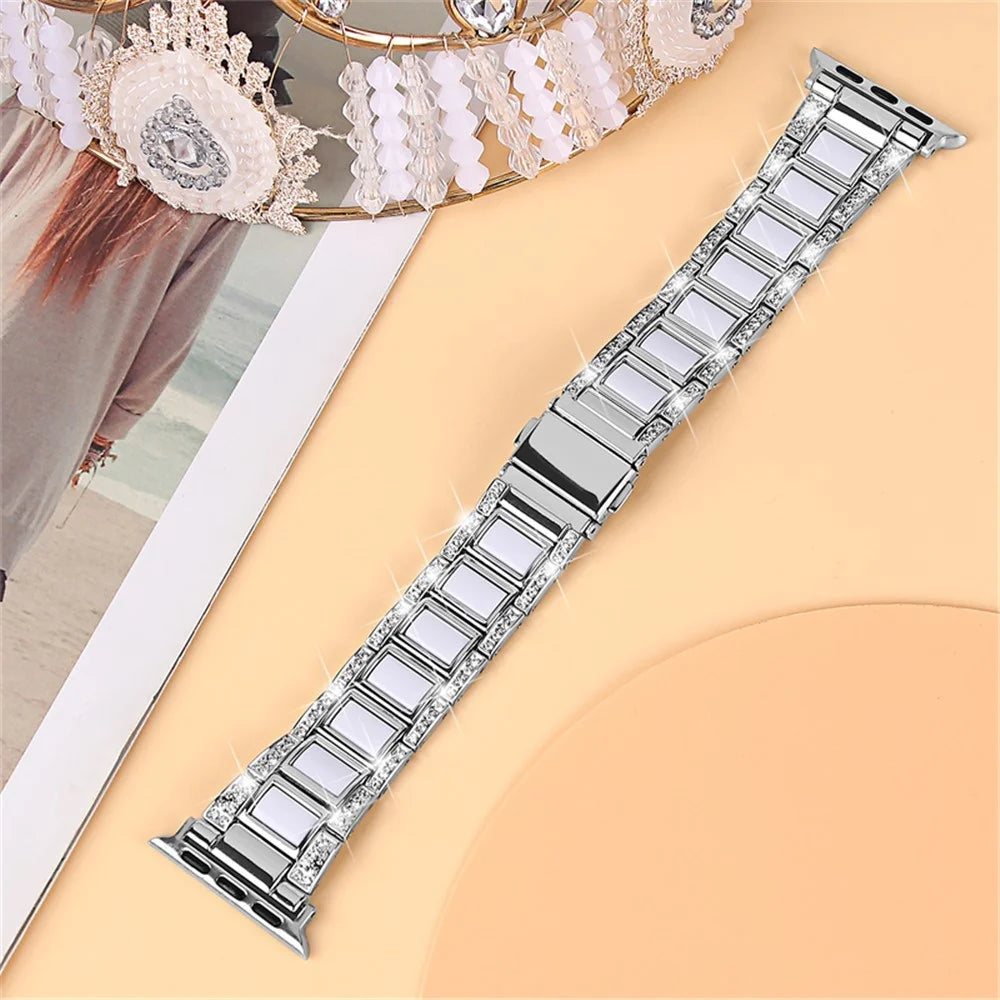 For Apple Watch Ultra 3 2 1 49mm / Series 11 10 46mm / 9 8 7 45mm / SE3 SE2 SE 6 5 4 44mm / 3 2 1 42mm  Stainless Steel Resin Watch Band Rhinestone Decor Strap - Silver / White - 3