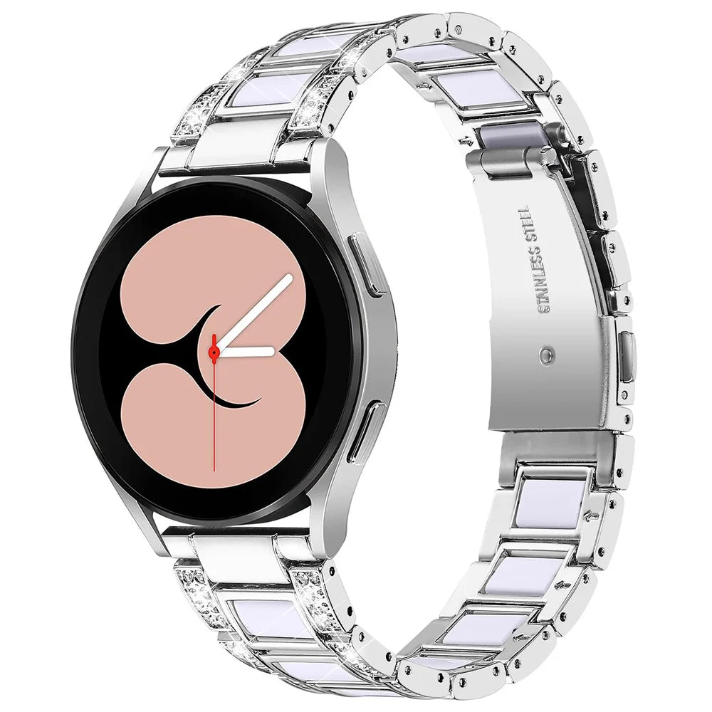 For Samsung Galaxy Watch4 Active 40mm/44mm/Watch4 Classic 42mm/46mm Stylish Rhinestone Decor Stainless Steel Resin Watch Band Wrist Strap - Silver/White - 1