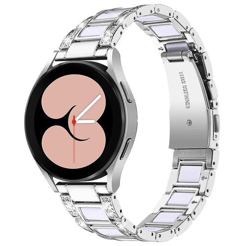 For Samsung Galaxy Watch4 Active 40mm/44mm/Watch4 Classic 42mm/46mm Stylish Rhinestone Decor Stainless Steel Resin Watch Band Wrist Strap - Silver/White - 1