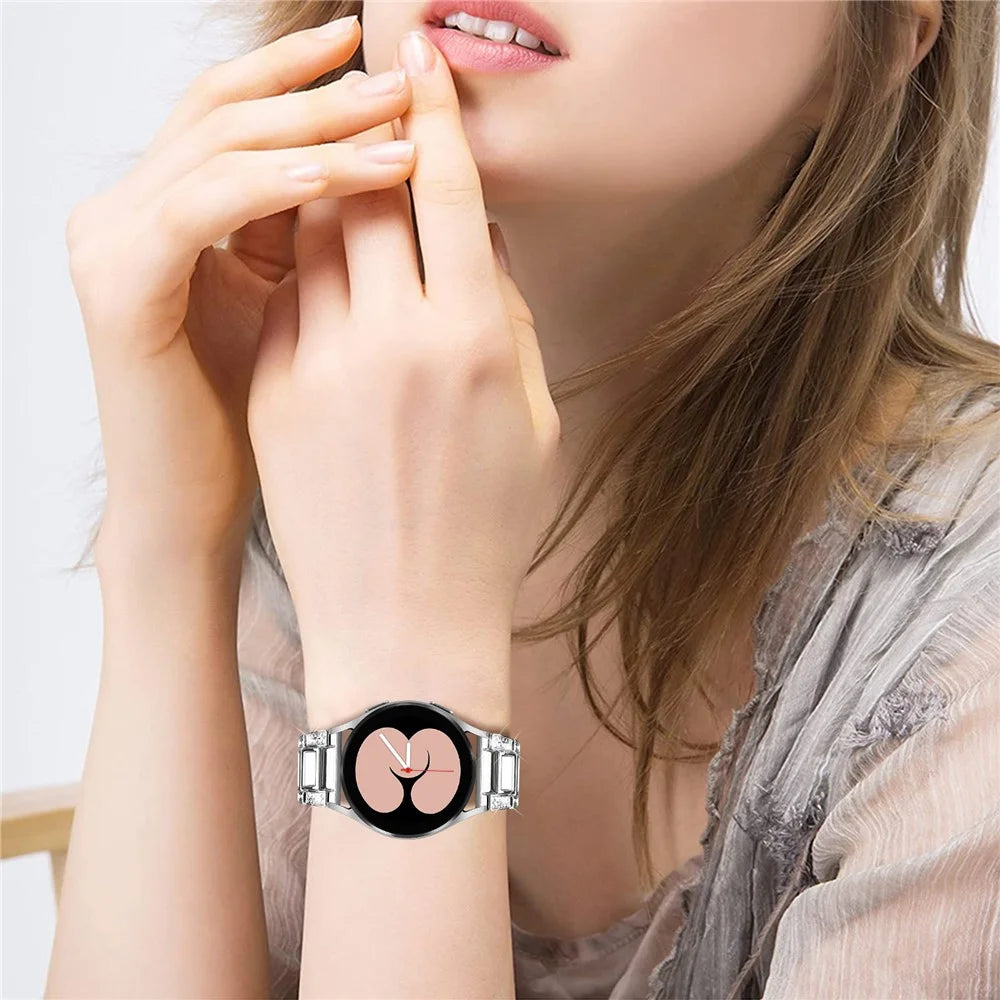 For Samsung Galaxy Watch4 Active 40mm/44mm/Watch4 Classic 42mm/46mm Stylish Rhinestone Decor Stainless Steel Resin Watch Band Wrist Strap - Silver/White - 4
