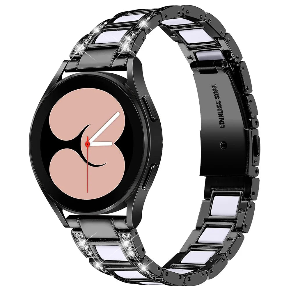 For Samsung Galaxy Watch4 Active 40mm/44mm/Watch4 Classic 42mm/46mm Stainless Steel Resin Watch Band Wrist Strap with Rhinestone Decor - Black/White - 1