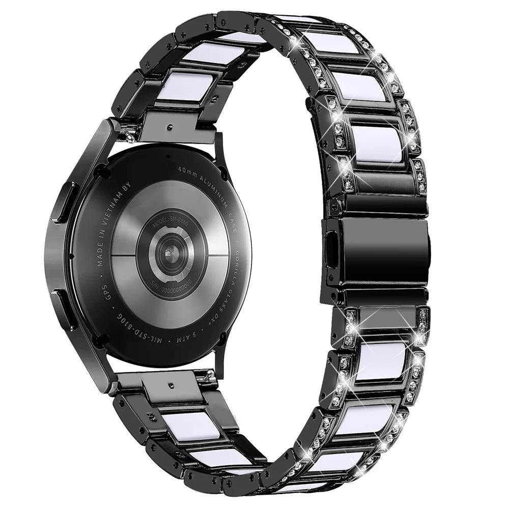 For Samsung Galaxy Watch4 Active 40mm/44mm/Watch4 Classic 42mm/46mm Stainless Steel Resin Watch Band Wrist Strap with Rhinestone Decor - Black/White - 2