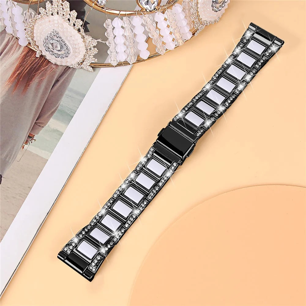 For Samsung Galaxy Watch4 Active 40mm/44mm/Watch4 Classic 42mm/46mm Stainless Steel Resin Watch Band Wrist Strap with Rhinestone Decor - Black/White - 3