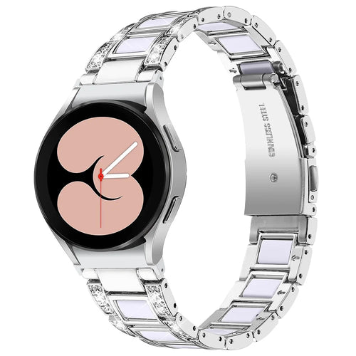 For Samsung Galaxy Watch4 Active 40mm/44mm/Watch4 Classic 42mm/46mm Shiny Rhinestone Watch Strap Stainless Steel Resin Wrist Band Replacement - Silver/White - 1