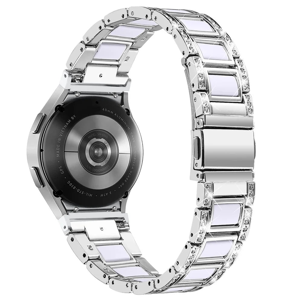 For Samsung Galaxy Watch4 Active 40mm/44mm/Watch4 Classic 42mm/46mm Shiny Rhinestone Watch Strap Stainless Steel Resin Wrist Band Replacement - Silver/White - 2