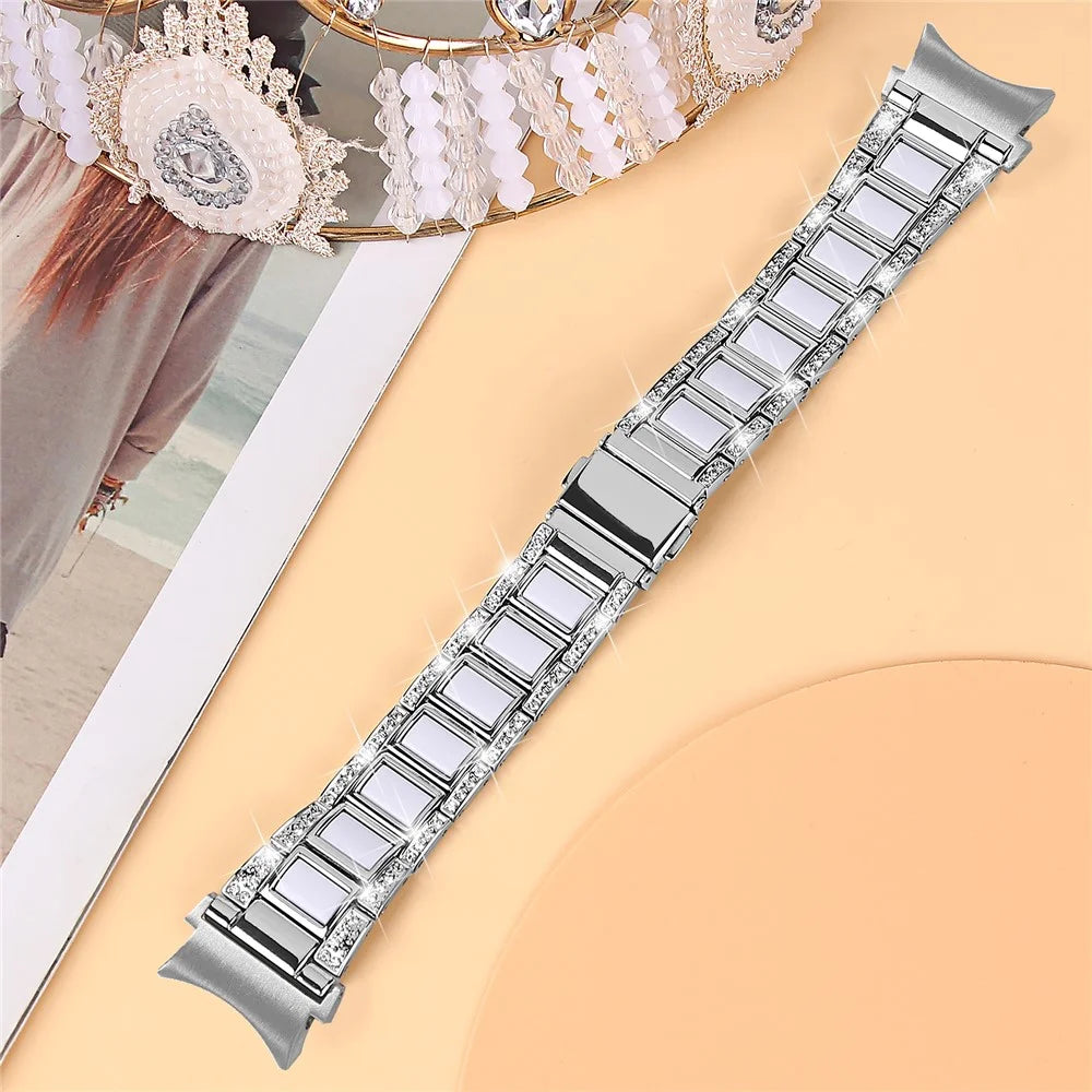 For Samsung Galaxy Watch4 Active 40mm/44mm/Watch4 Classic 42mm/46mm Shiny Rhinestone Watch Strap Stainless Steel Resin Wrist Band Replacement - Silver/White - 3