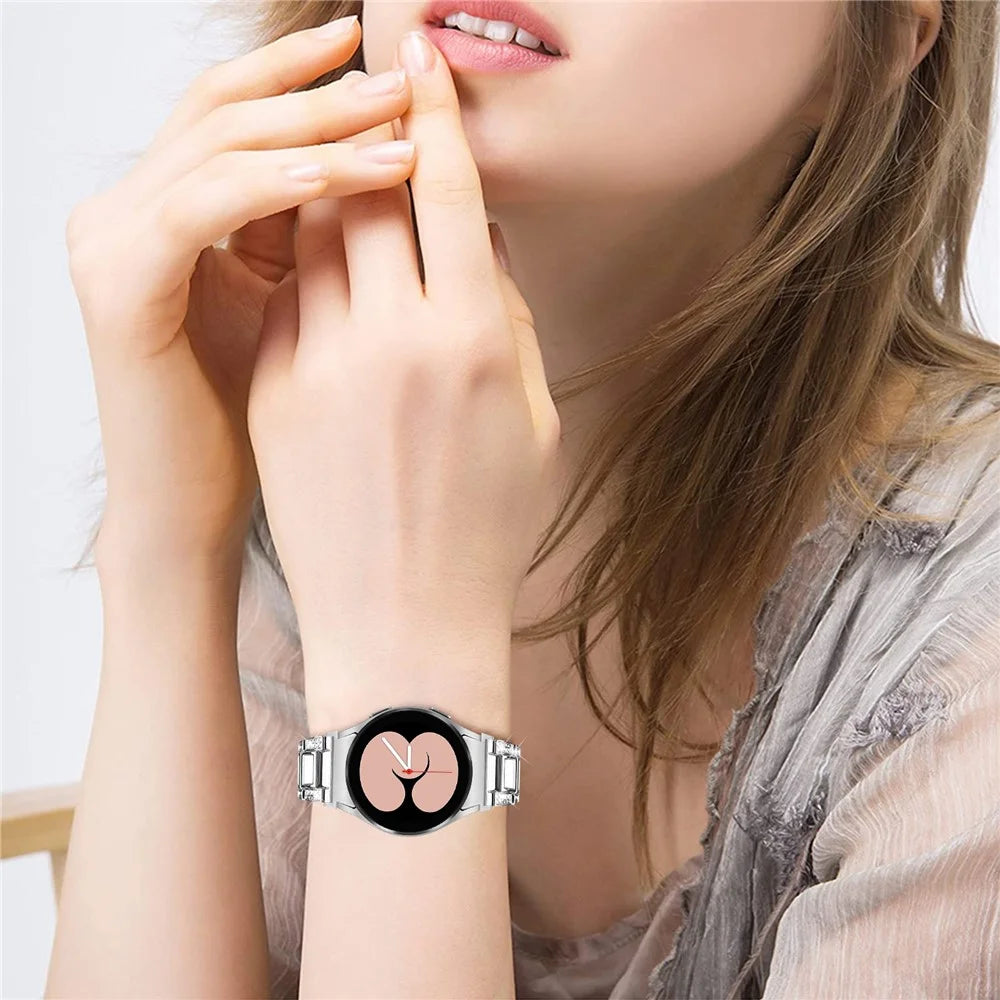 For Samsung Galaxy Watch4 Active 40mm/44mm/Watch4 Classic 42mm/46mm Shiny Rhinestone Watch Strap Stainless Steel Resin Wrist Band Replacement - Silver/White - 4