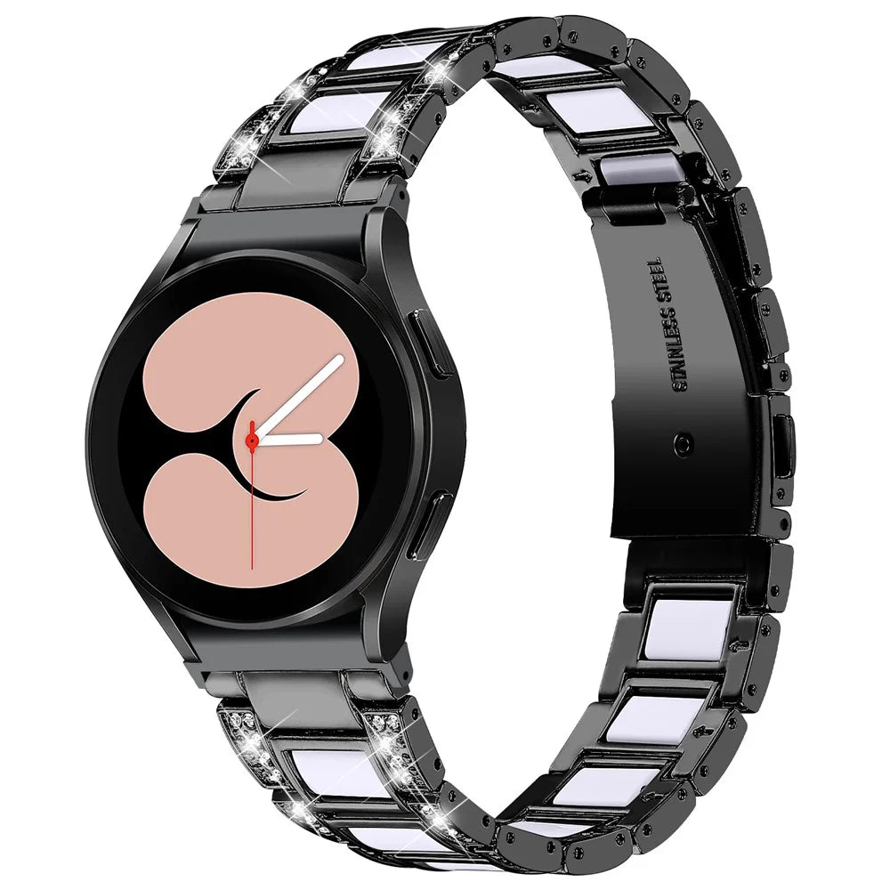For Samsung Galaxy Watch4 Active 40mm/44mm/Watch4 Classic 42mm/46mm Rhinestone Decor Stainless Steel Resin Watch Band with Watch Strap Adapter - Black/White - 1
