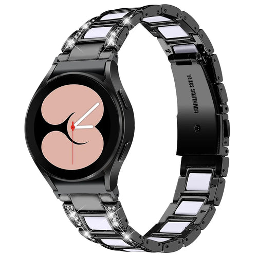 For Samsung Galaxy Watch4 Active 40mm/44mm/Watch4 Classic 42mm/46mm Rhinestone Decor Stainless Steel Resin Watch Band with Watch Strap Adapter - Black/White - 1