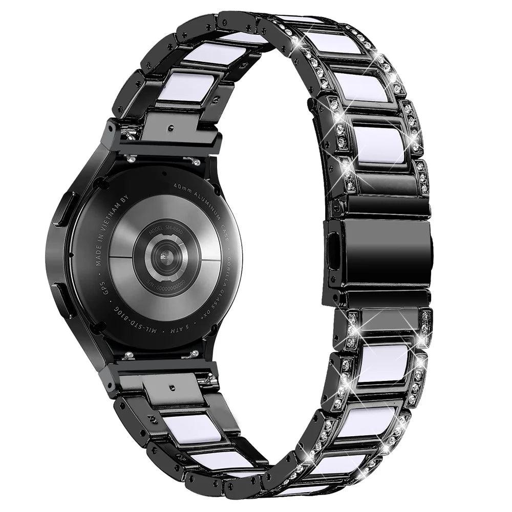 For Samsung Galaxy Watch4 Active 40mm/44mm/Watch4 Classic 42mm/46mm Rhinestone Decor Stainless Steel Resin Watch Band with Watch Strap Adapter - Black/White - 2