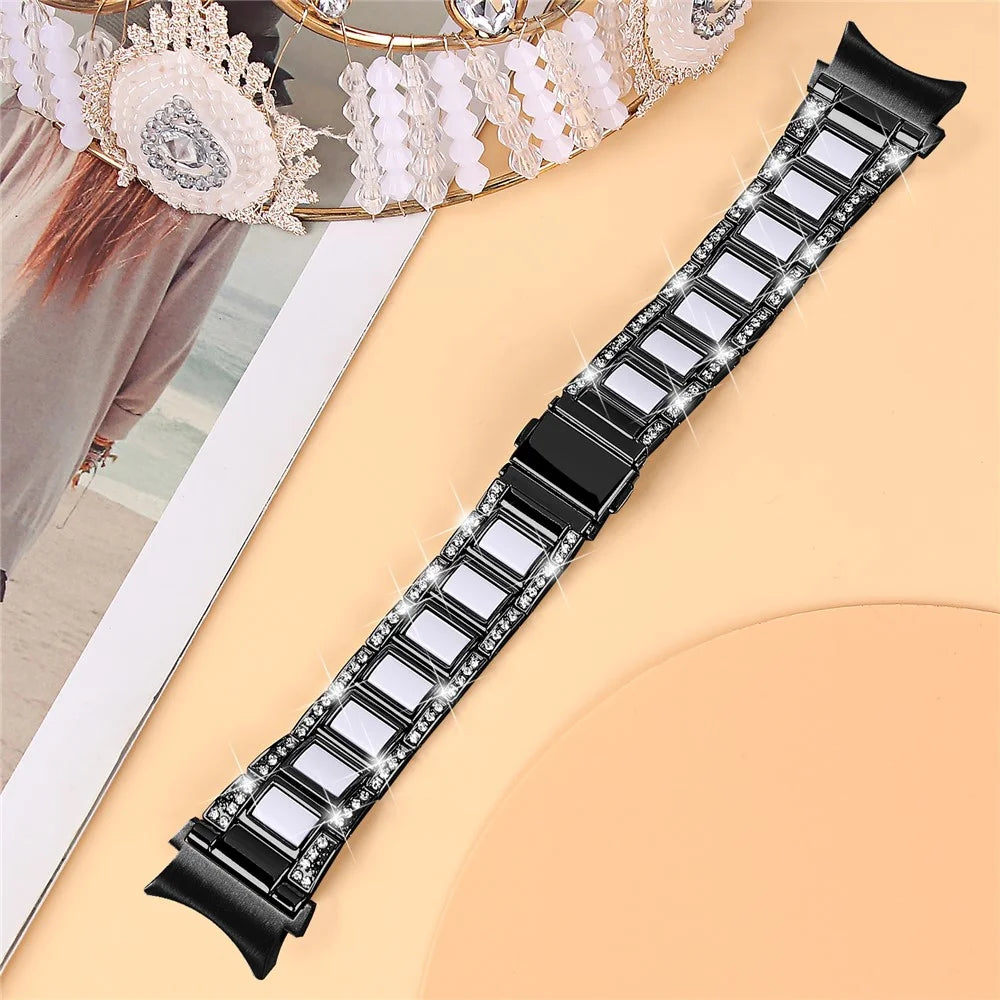 For Samsung Galaxy Watch4 Active 40mm/44mm/Watch4 Classic 42mm/46mm Rhinestone Decor Stainless Steel Resin Watch Band with Watch Strap Adapter - Black/White - 3