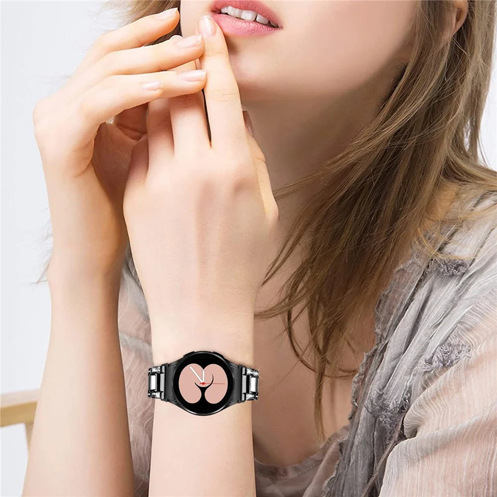 For Samsung Galaxy Watch4 Active 40mm/44mm/Watch4 Classic 42mm/46mm Rhinestone Decor Stainless Steel Resin Watch Band with Watch Strap Adapter - Black/White - 4