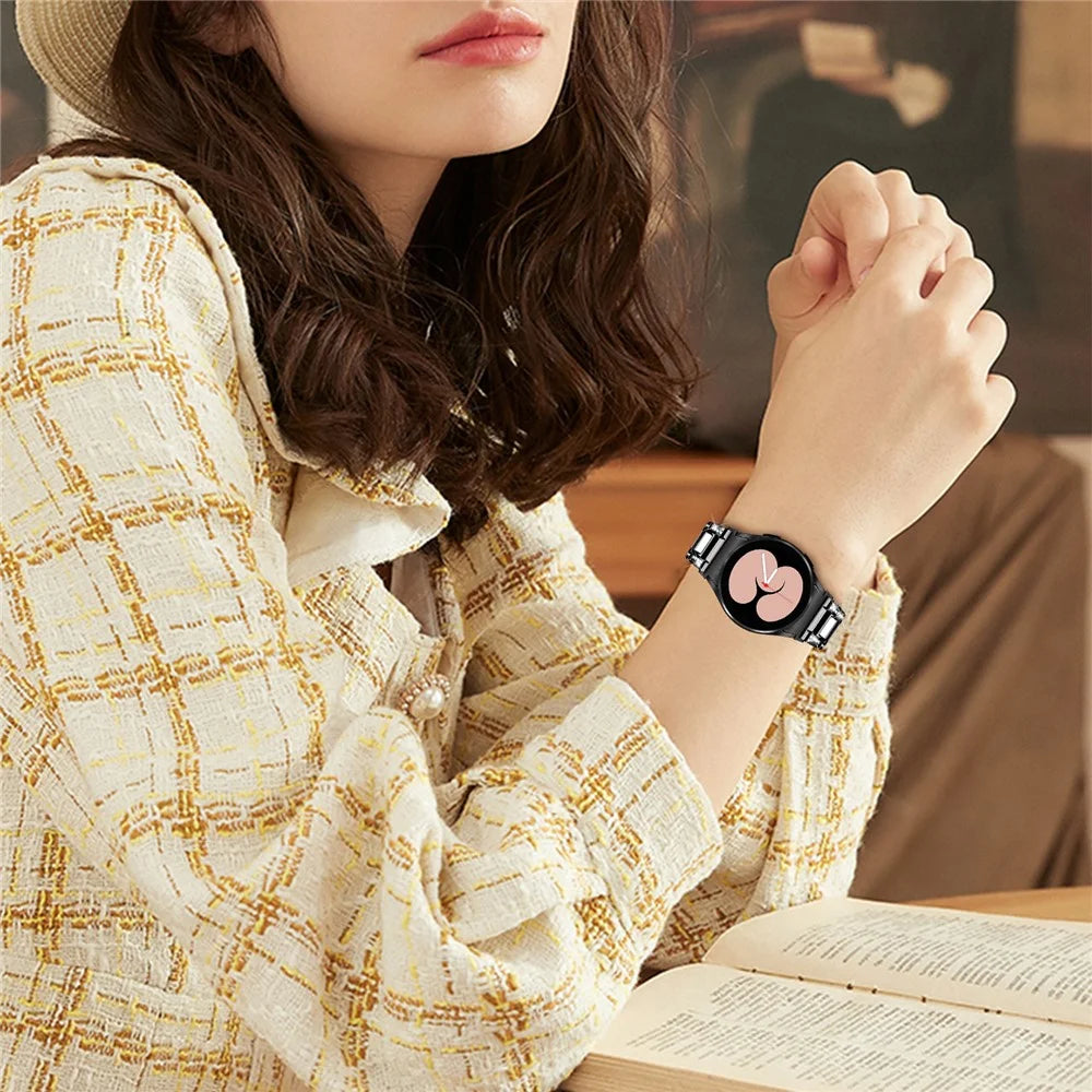 For Samsung Galaxy Watch4 Active 40mm/44mm/Watch4 Classic 42mm/46mm Rhinestone Decor Stainless Steel Resin Watch Band with Watch Strap Adapter - Black/White - 5
