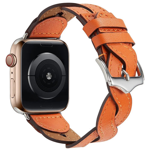 A030 For Apple Watch Ultra 3 2 1 49mm / Series 11 10 46mm / 9 8 7 45mm / SE3 SE2 SE 6 5 4 44mm / 3 2 1 42mm Woven Design Watch Band Top Layer Cowhide Leather Replacement Strap - Orange - 1