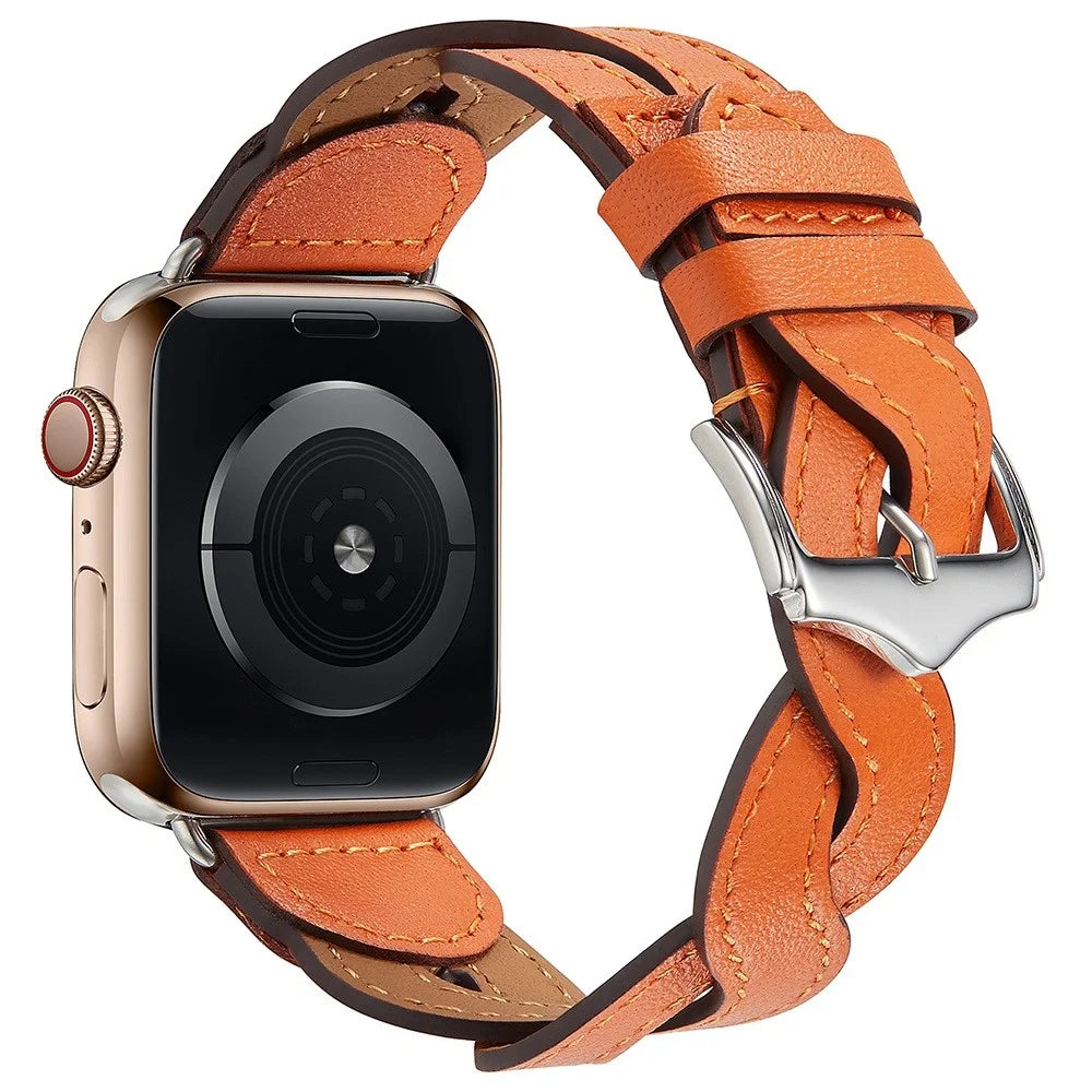 A030 For Apple Watch Ultra 3 2 1 49mm / Series 11 10 46mm / 9 8 7 45mm / SE3 SE2 SE 6 5 4 44mm / 3 2 1 42mm Woven Design Watch Band Top Layer Cowhide Leather Replacement Strap - Orange - 1