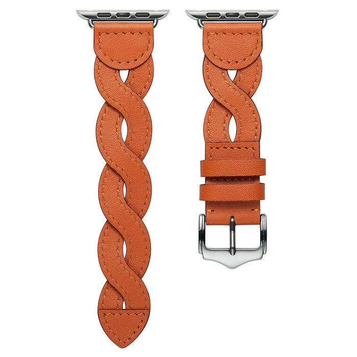 A030 For Apple Watch Ultra 3 2 1 49mm / Series 11 10 46mm / 9 8 7 45mm / SE3 SE2 SE 6 5 4 44mm / 3 2 1 42mm Woven Design Watch Band Top Layer Cowhide Leather Replacement Strap - Orange - 2