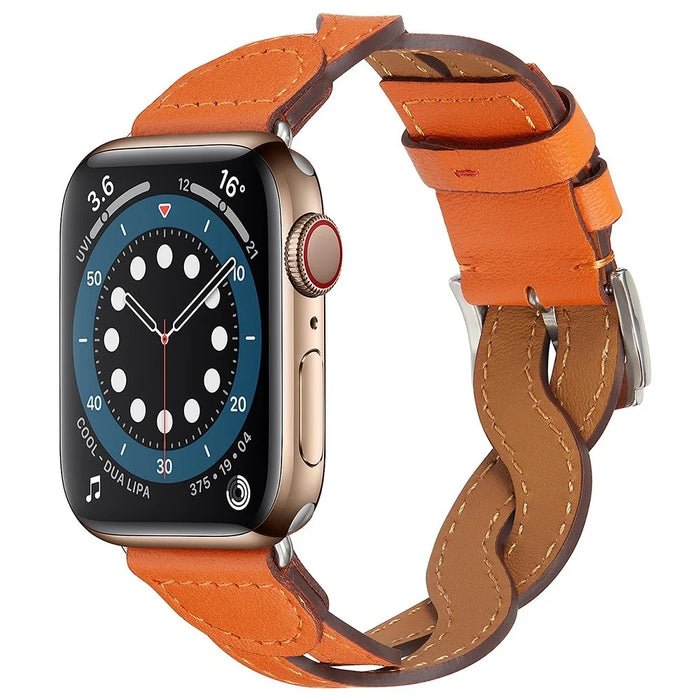 A030 For Apple Watch Ultra 3 2 1 49mm / Series 11 10 46mm / 9 8 7 45mm / SE3 SE2 SE 6 5 4 44mm / 3 2 1 42mm Woven Design Watch Band Top Layer Cowhide Leather Replacement Strap - Orange - 3