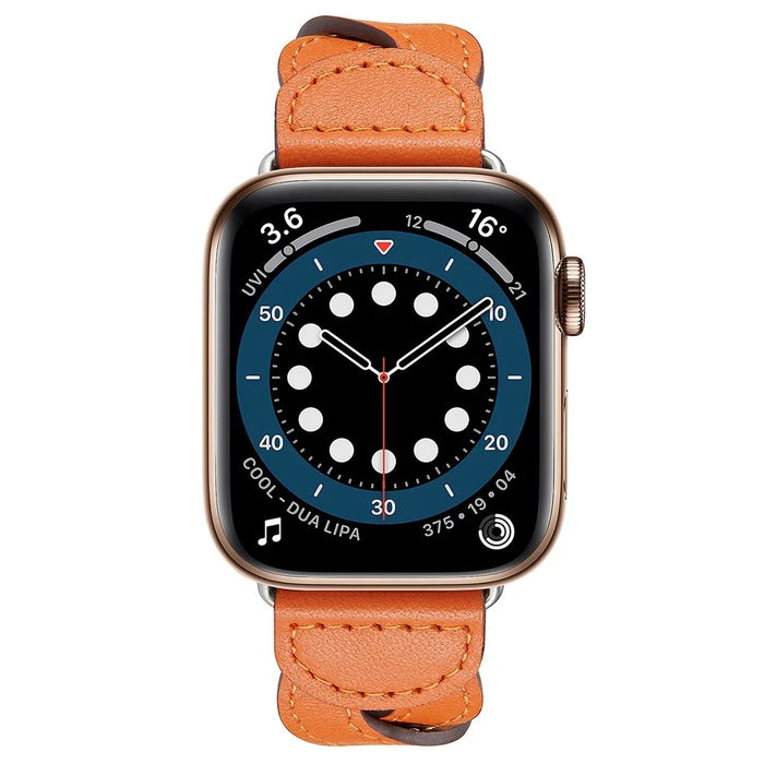 A030 For Apple Watch Ultra 3 2 1 49mm / Series 11 10 46mm / 9 8 7 45mm / SE3 SE2 SE 6 5 4 44mm / 3 2 1 42mm Woven Design Watch Band Top Layer Cowhide Leather Replacement Strap - Orange - 4
