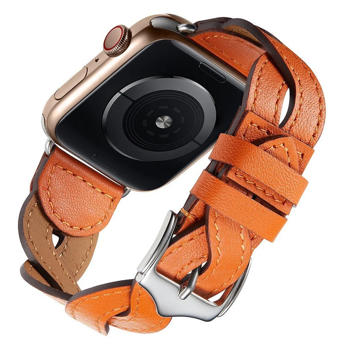 A030 For Apple Watch Ultra 3 2 1 49mm / Series 11 10 46mm / 9 8 7 45mm / SE3 SE2 SE 6 5 4 44mm / 3 2 1 42mm Woven Design Watch Band Top Layer Cowhide Leather Replacement Strap - Orange - 5