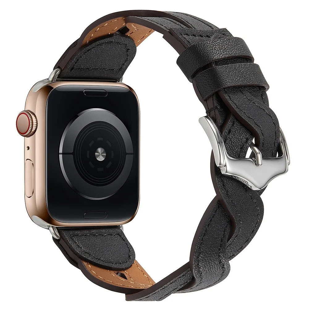 A030 For Apple Watch Series 11 10 42mm / 9 8 7 41mm / SE3 SE2 SE 6 5 4 40mm / 3 2 1 38mm Stylish Woven Design Watch Strap Top Layer Cowhide Leather Adjustable Wrist Band - Black - 1
