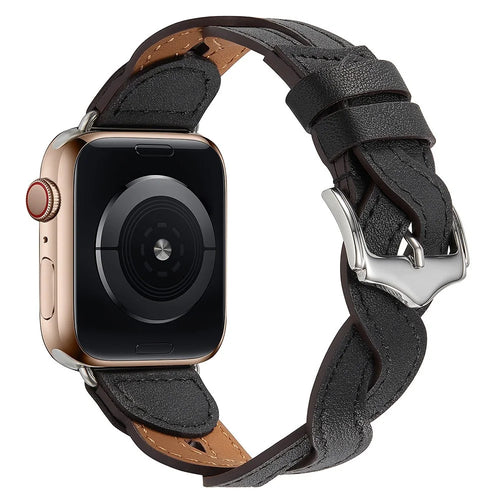 A030 For Apple Watch Series 11 10 42mm / 9 8 7 41mm / SE3 SE2 SE 6 5 4 40mm / 3 2 1 38mm Stylish Woven Design Watch Strap Top Layer Cowhide Leather Adjustable Wrist Band - Black - 1