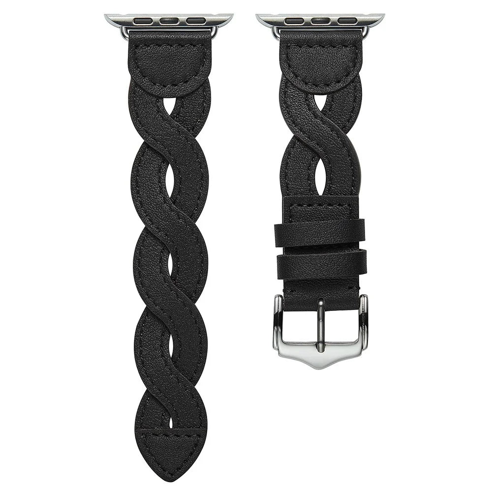 A030 For Apple Watch Series 11 10 42mm / 9 8 7 41mm / SE3 SE2 SE 6 5 4 40mm / 3 2 1 38mm Stylish Woven Design Watch Strap Top Layer Cowhide Leather Adjustable Wrist Band - Black - 2