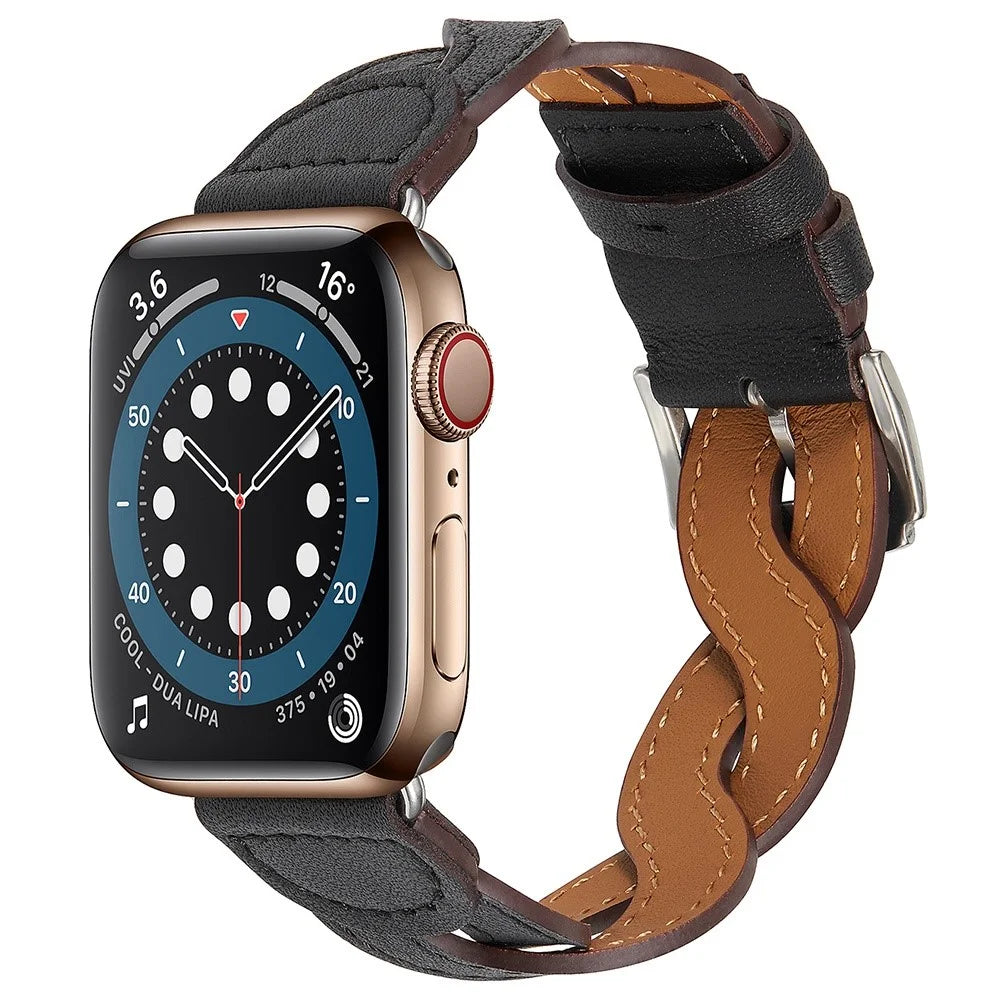 A030 For Apple Watch Series 11 10 42mm / 9 8 7 41mm / SE3 SE2 SE 6 5 4 40mm / 3 2 1 38mm Stylish Woven Design Watch Strap Top Layer Cowhide Leather Adjustable Wrist Band - Black - 3