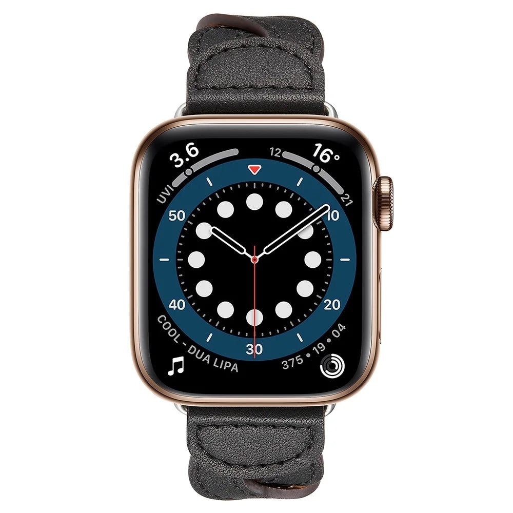 A030 For Apple Watch Series 11 10 42mm / 9 8 7 41mm / SE3 SE2 SE 6 5 4 40mm / 3 2 1 38mm Stylish Woven Design Watch Strap Top Layer Cowhide Leather Adjustable Wrist Band - Black - 4
