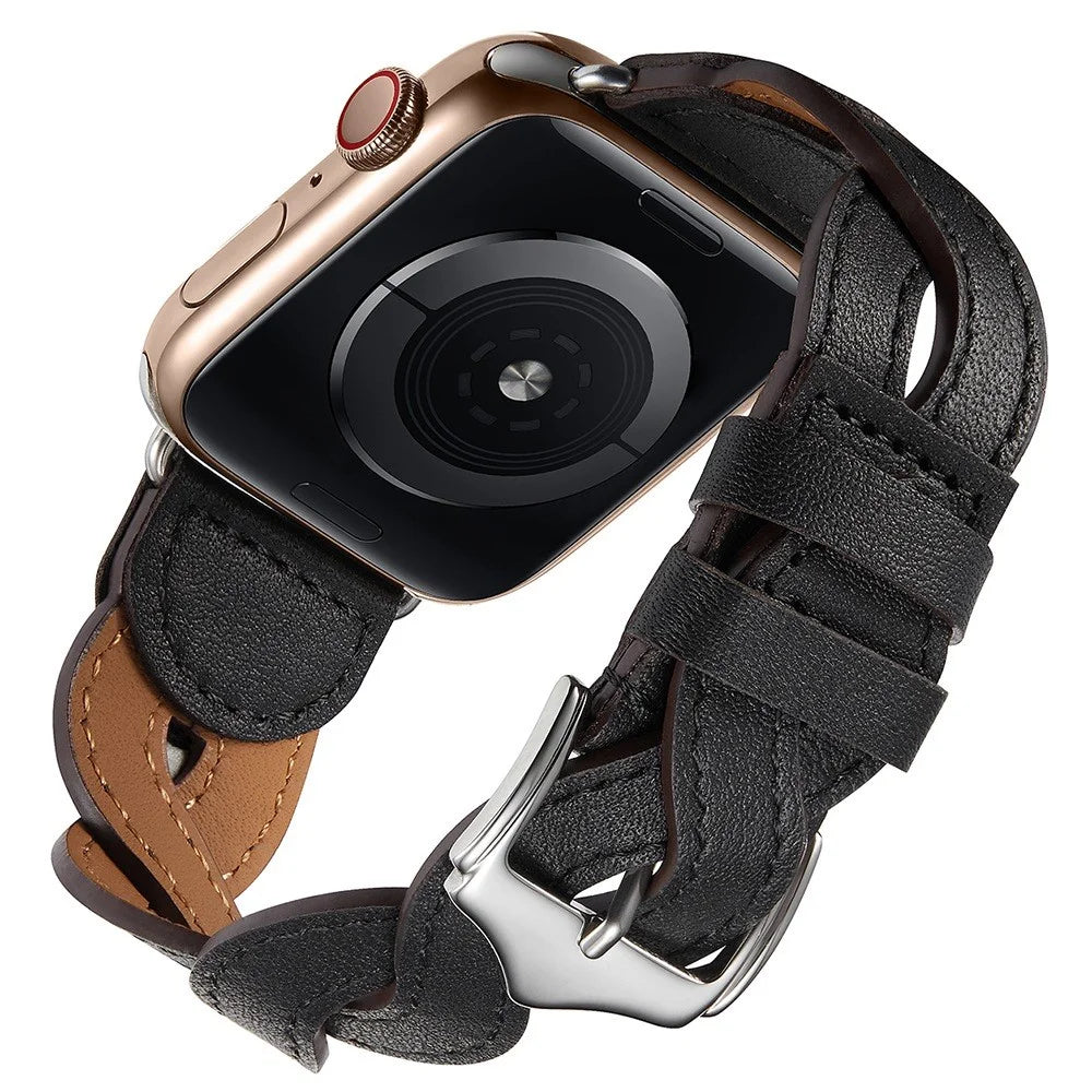 A030 For Apple Watch Series 11 10 42mm / 9 8 7 41mm / SE3 SE2 SE 6 5 4 40mm / 3 2 1 38mm Stylish Woven Design Watch Strap Top Layer Cowhide Leather Adjustable Wrist Band - Black - 5
