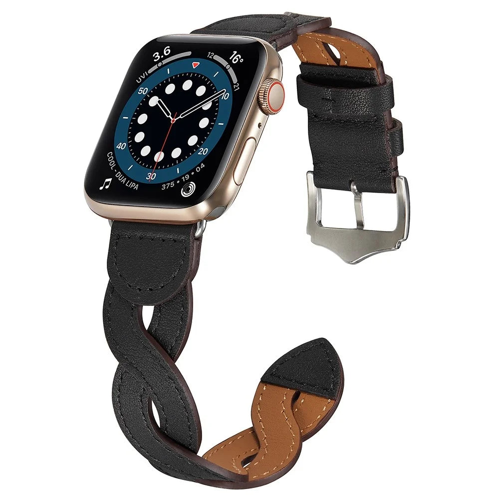 A030 For Apple Watch Series 11 10 42mm / 9 8 7 41mm / SE3 SE2 SE 6 5 4 40mm / 3 2 1 38mm Stylish Woven Design Watch Strap Top Layer Cowhide Leather Adjustable Wrist Band - Black - 6