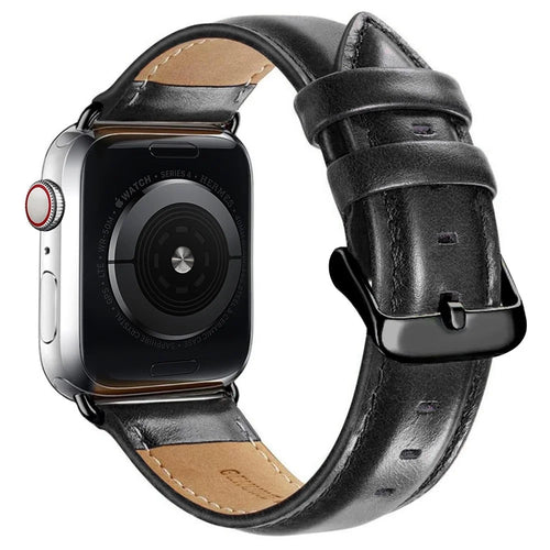 A011 For Apple Watch Ultra 3 2 1 49mm / Series 11 10 46mm / 9 8 7 45mm / SE3 SE2 SE 6 5 4 44mm / 3 2 1 42mm Crazy Horse Texture Cowhide Leather Wrist Band Smartwatch Replacement Strap - Black - 1