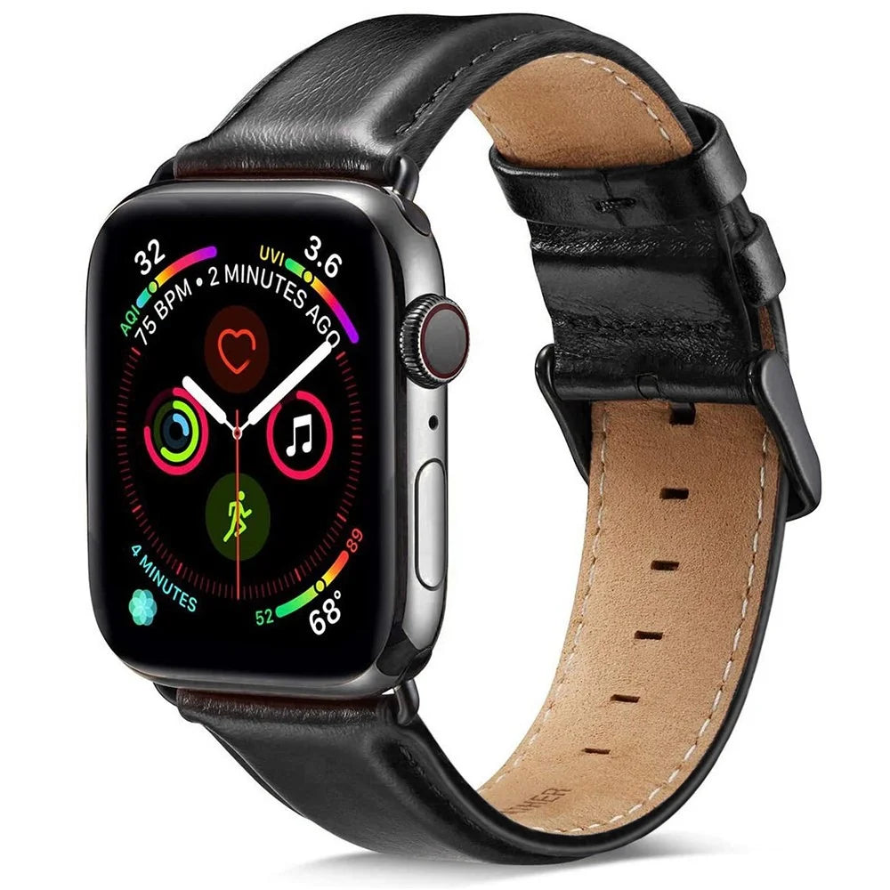 A011 For Apple Watch Ultra 3 2 1 49mm / Series 11 10 46mm / 9 8 7 45mm / SE3 SE2 SE 6 5 4 44mm / 3 2 1 42mm Crazy Horse Texture Cowhide Leather Wrist Band Smartwatch Replacement Strap - Black - 2