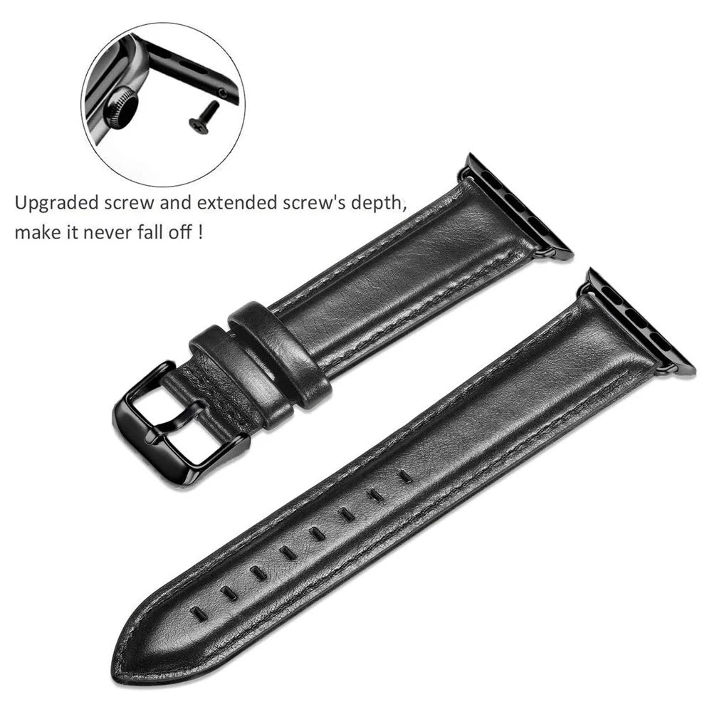 A011 For Apple Watch Ultra 3 2 1 49mm / Series 11 10 46mm / 9 8 7 45mm / SE3 SE2 SE 6 5 4 44mm / 3 2 1 42mm Crazy Horse Texture Cowhide Leather Wrist Band Smartwatch Replacement Strap - Black - 3