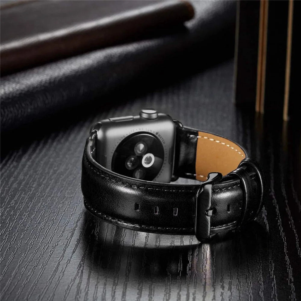 A011 For Apple Watch Ultra 3 2 1 49mm / Series 11 10 46mm / 9 8 7 45mm / SE3 SE2 SE 6 5 4 44mm / 3 2 1 42mm Crazy Horse Texture Cowhide Leather Wrist Band Smartwatch Replacement Strap - Black - 5