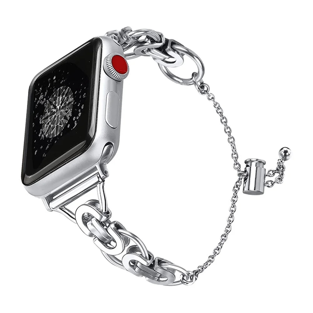 For Apple Watch Series 11 10 42mm / 9 8 7 41mm / SE3 SE2 SE 6 5 4 40mm / 3 2 1 38mm Single Circle Hollow Out Bead Decor Watch Band Stainless Steel Bracelet Watch Strap - Silver - 1